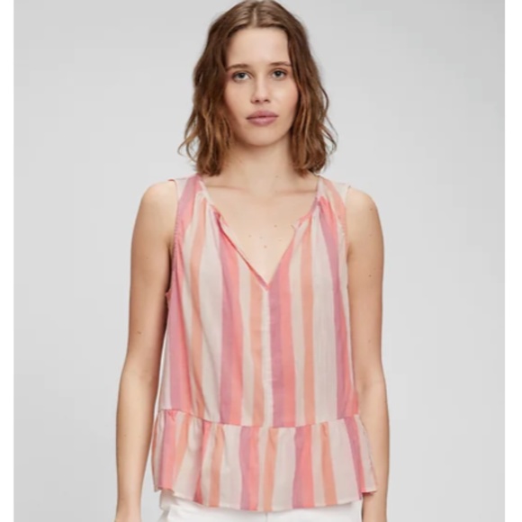 NWT GAP Sleeveless Peplum Top Boho Orange/Pink Multi Stripe Large Cotton/Rayon - Picture 1 of 5